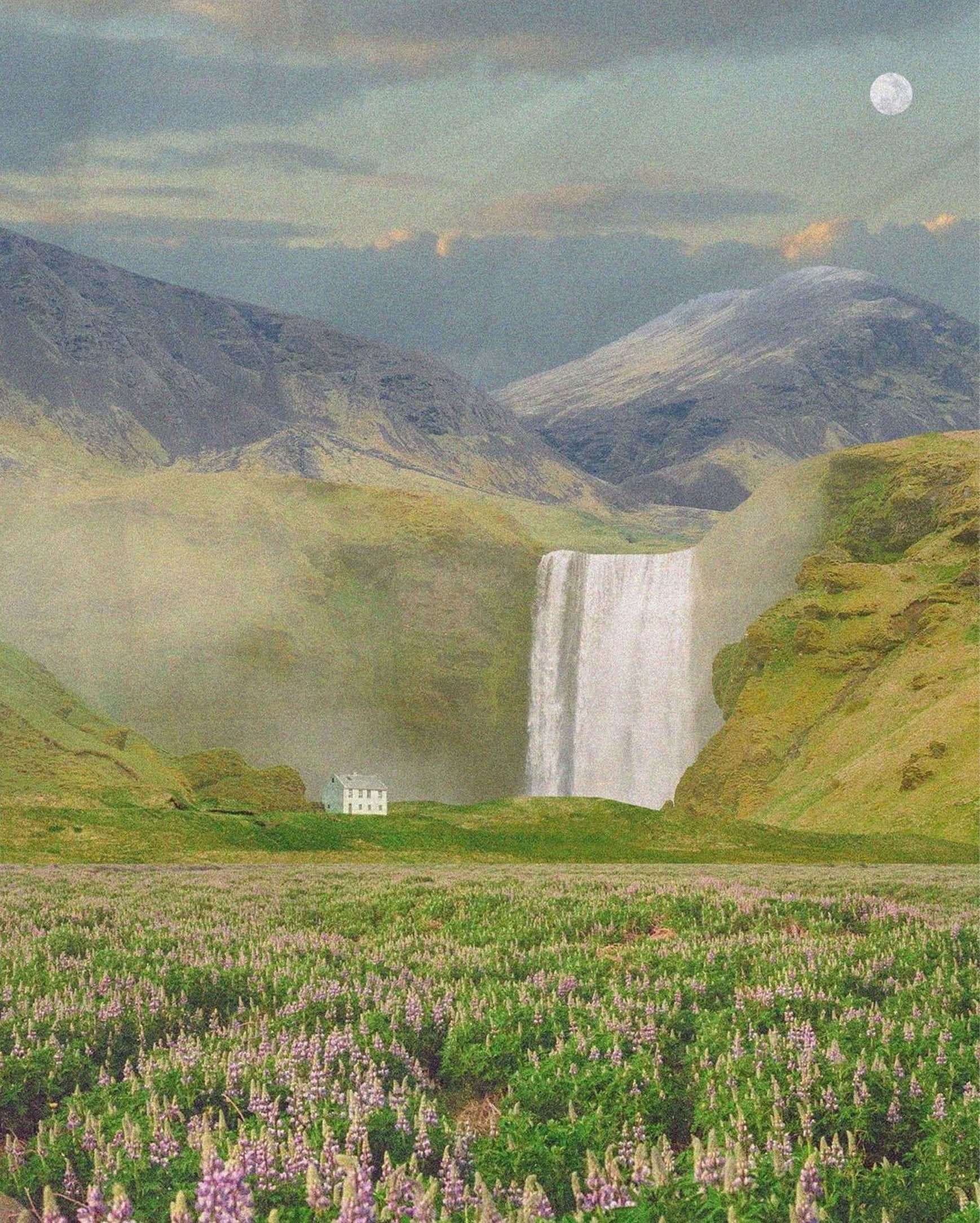 Scenic landscape with waterfall and house